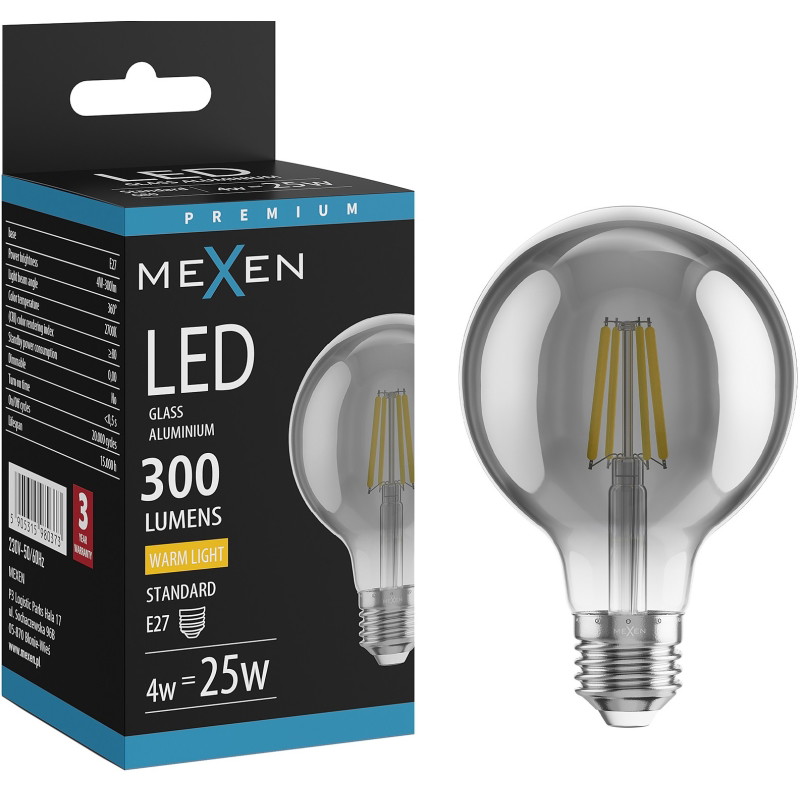 Mexen Vintis LED-filamentlampa E27, G80, 4W, Varm - 2700K, 300 lm, rök - L155-E27-0427-70