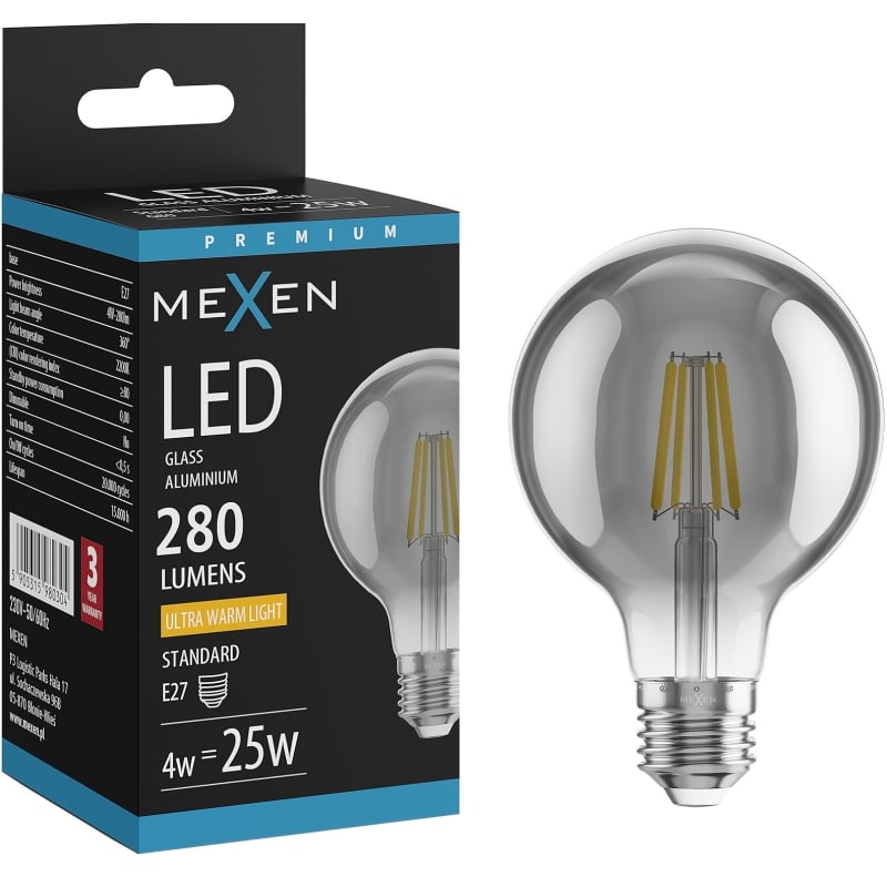 Mexen Vintis LED-filamentlampa E27, G80, 4W, Varm - 2200K, 280 lm, rökfärg - L155-E27-0422-70