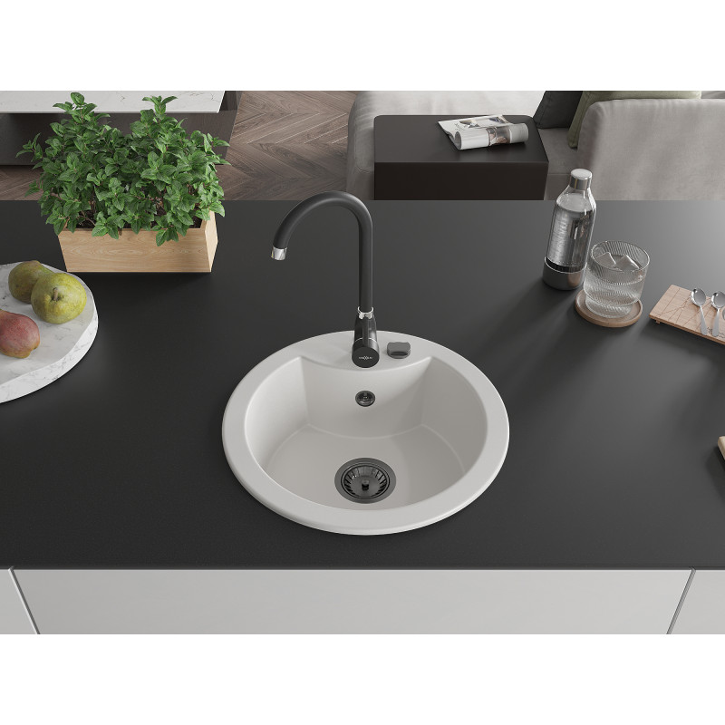 Mexen Diego fregadero de granito de 1 cubeta 488 x 480 mm, blanco, sifón negro - 6512481000-20-B