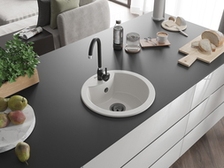 Mexen Diego granite sink single-bowl 488 x 480 mm, white, black siphon - 6512481000-20-B
