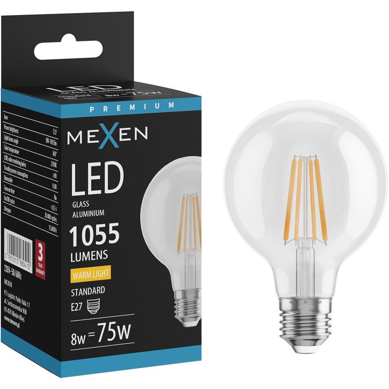 Mexen Vintis LED-filamenttilamppu E27, G80, 8W, Lämmin - 2700K, 1055 lm, kirkas - L155-E27-0827-00