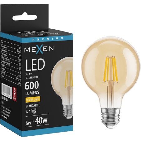 Mexen Vintis Λάμπα νήματος LED E27, G80, 8W, Θερμό - 2700K, 750 lm, κεχριμπάρι - L155-E27-0827-50