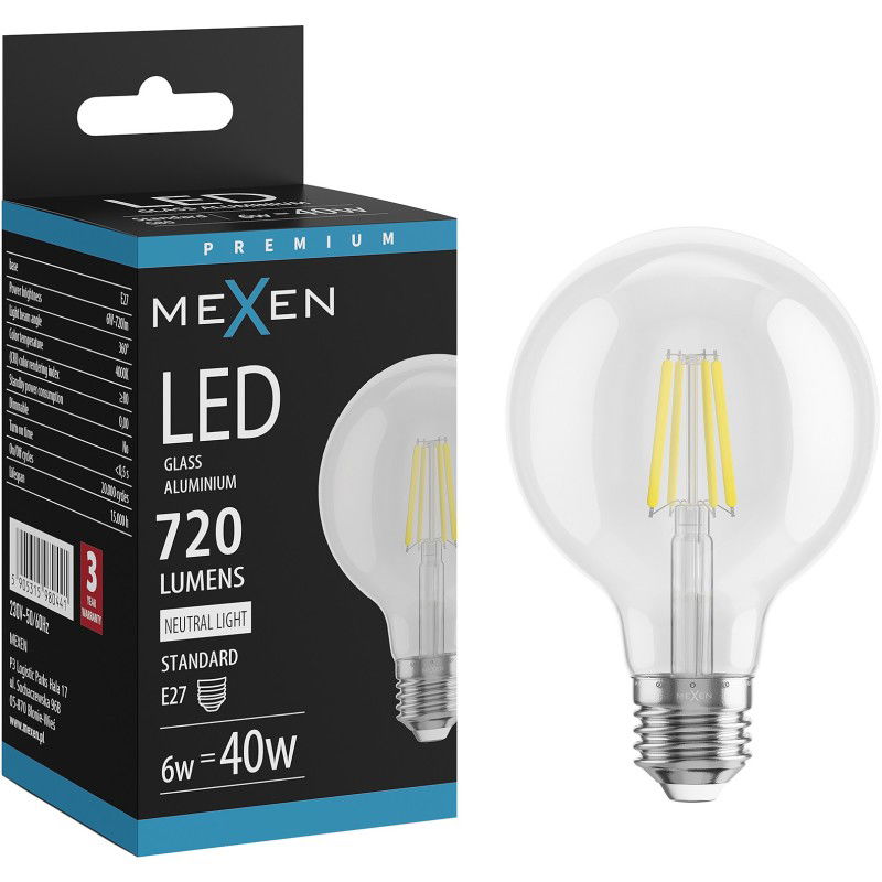 Mexen Vintis LED-Filament-Glühbirne E27, G80, 6W, Neutral - 4000K, 720 lm, klar - L155-E27-0640-00