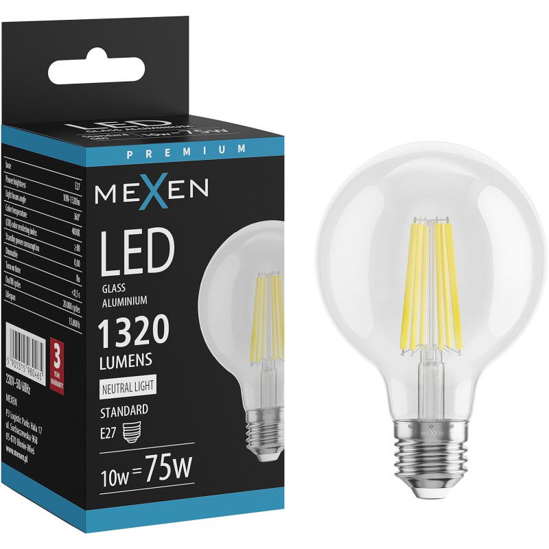 Mexen Vintis LED filament gloeilamp E27, G80, 10W, Neutraal - 4000K, 1320 lm, helder - L155-E27-1040-00