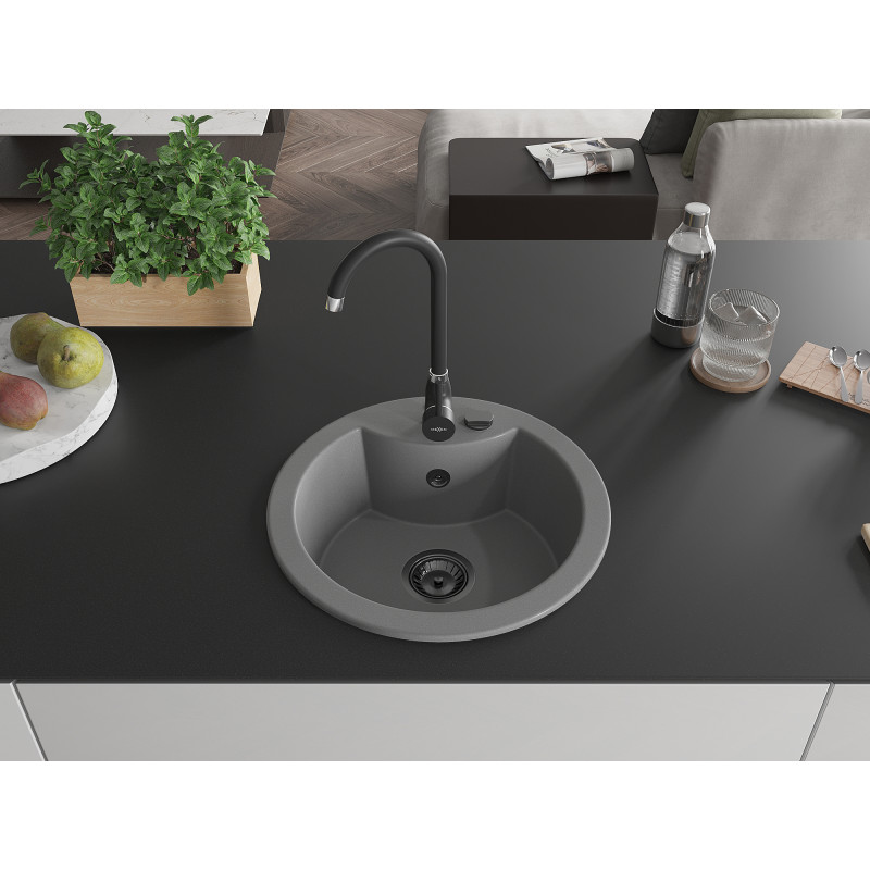 Mexen Diego Granitspüle 1-becken 488 x 480 mm, grau, schwarzer Siphon - 6512481000-71-B