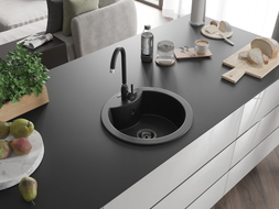 Mexen Diego Granitspüle 1-Becken 488 x 480 mm, schwarz/silber metallic, schwarzer Siphon - 6512481000-73-B