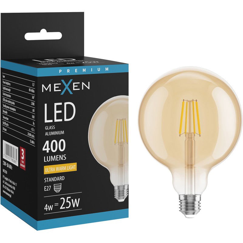 Mexen Vintis LED-filamenttilamppu E27, G125, 4W, Lämmin - 2200K, 400 lm, meripihka - L158-E27-0422-50