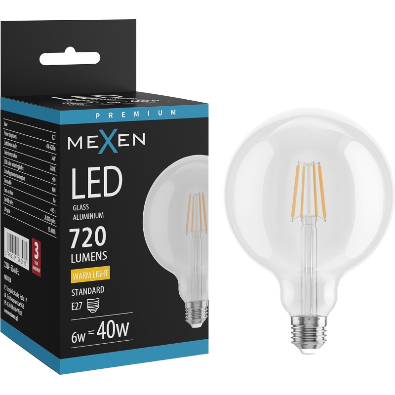 Mexen Vintis LED-glödlampa filament E27, G125, 6W, Varm - 2700K, 720 lm, klar - L158-E27-0627-00