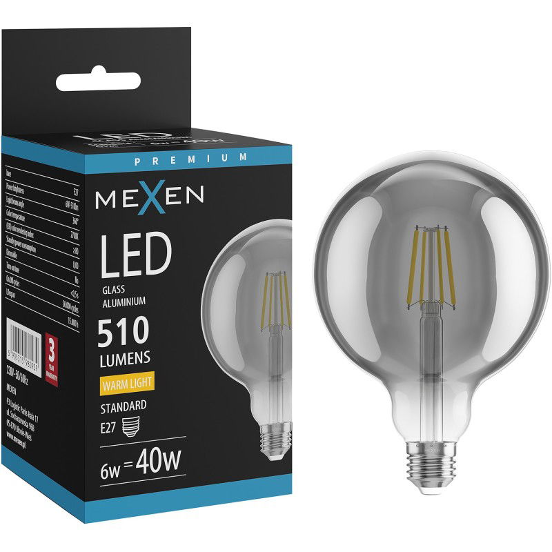 Mexen Vintis LED filamentlamp E27, G125, 6W, Warm - 2700K, 510 lm, rook - L158-E27-0627-70