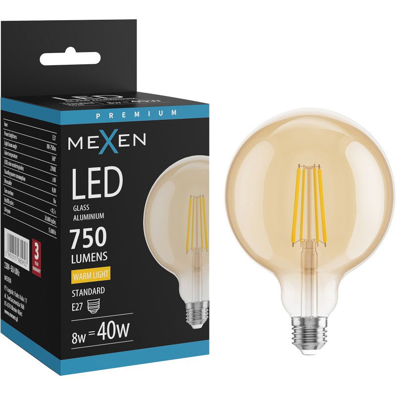 Mexen Vintis LED-filamenttilamppu E27, G125, 8W, Lämmin - 2700K, 750 lm, meripihka - L158-E27-0827-50