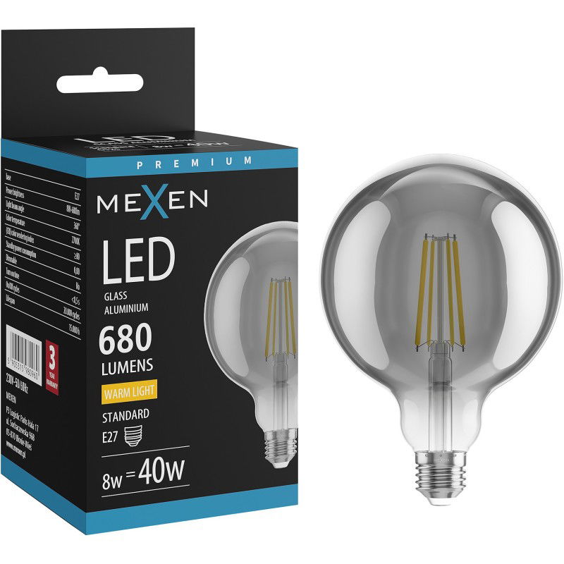 Mexen Vintis Λάμπα νήματος LED E27, G125, 8W, Ζεστό - 2700K, 680 lm, smoke - L158-E27-0827-70