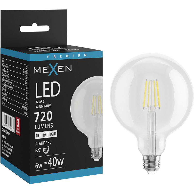 Mexen Vintis LED kvēldiega spuldze E27, G125, 6W, Neitrāla - 4000K, 720 lm, caurspīdīga - L158-E27-0640-00