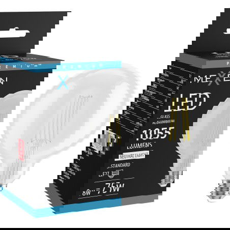 Mexen Vintis LED E27 kvēldiega spuldze, G125, 8W, Neitrāla - 4000K, 1055 lm, caurspīdīga - L158-E27-0840-00
