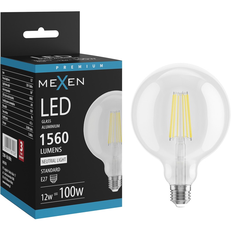 Mexen Vintis Bombilla LED de filamento E27, G125, 12W, Neutral - 4000K, 1560 lm, transparente - L158-E27-1240-00