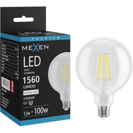 Mexen Vintis LED-filamentlampa E27, G125, 12W, Neutral - 4000K, 1560 lm, klar - L158-E27-1240-00