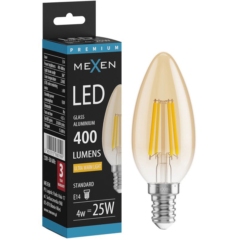 Mexen Vintis LED Filament Bulb E14, C35, 4W, Warm - 2200K, 400 lm, amber - L154-E14-0422-50