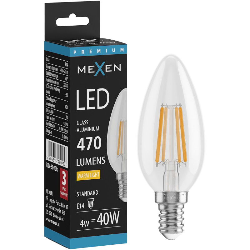 Mexen Vintis Lampadina a filamento LED E14, C35, 4W, Calda - 2700K, 470 lm, trasparente - L154-E14-0427-00