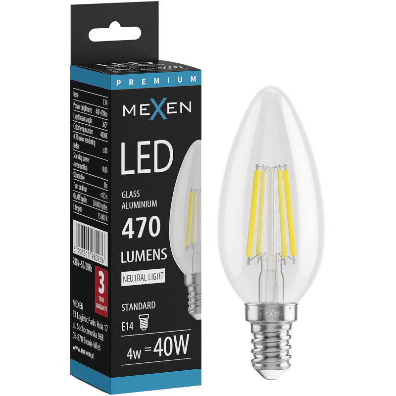 Mexen Vintis LED-filamenttilamppu E14, C35, 4W, Neutraali - 4000K, 470 lm, kirkas - L154-E14-0427-00 - L154-E14-0440-00