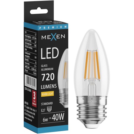 Mexen Vintis Bombilla LED de filamento E27, C35, 6W, Cálida - 2700K, 720 lm, clara - L154-E27-0627-00