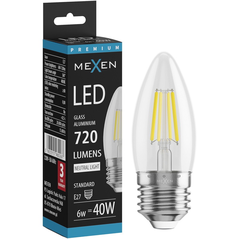Mexen Vintis LED-glödlampa filament E27, C35, 6W, Neutral - 4000K, 720 lm, klar - L154-E27-0640-00