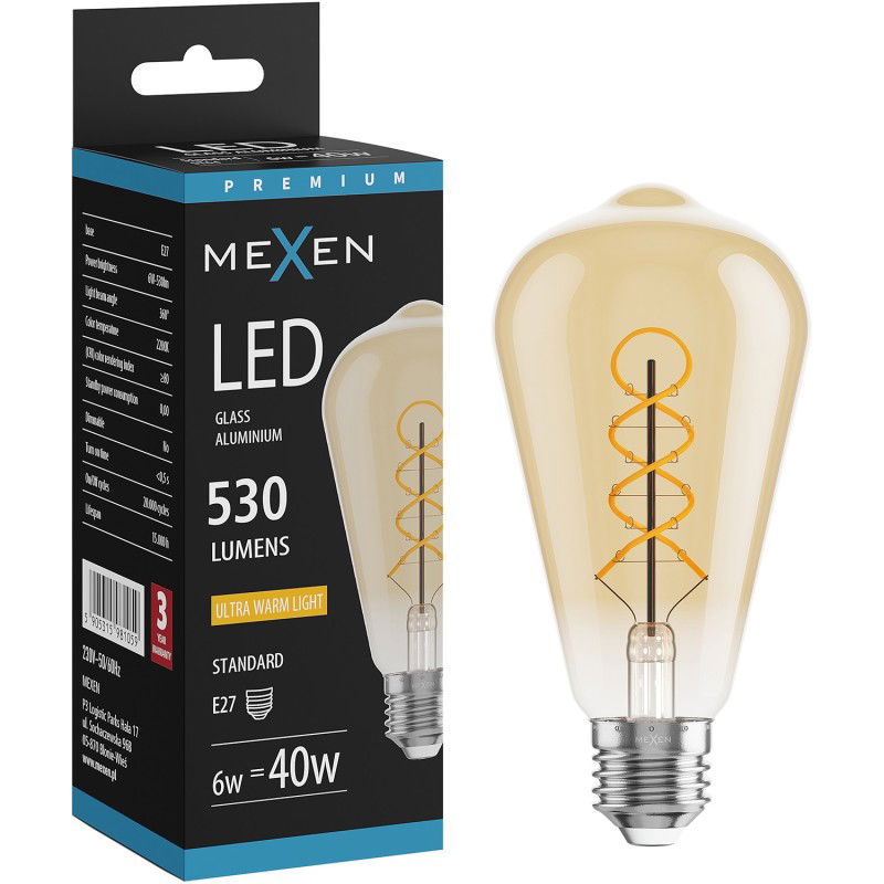 Mexen Vintis Ampoule filament LED spirale E27, ST64, 6W, Chaude - 2700K, 530 lm, ambre - L162-E27-0627-50