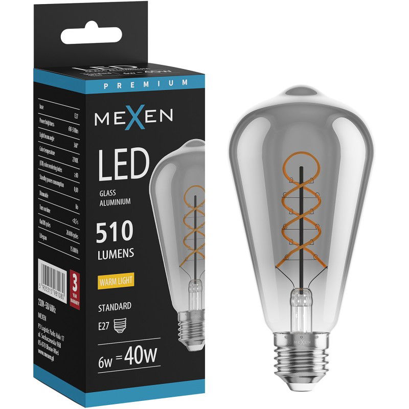 Mexen Vintis LED-Filamentspiralglühbir Lämp E27, ST64, 6W, Wärm - 2700K, 510 lm, smoke - L162-E27-0627-70