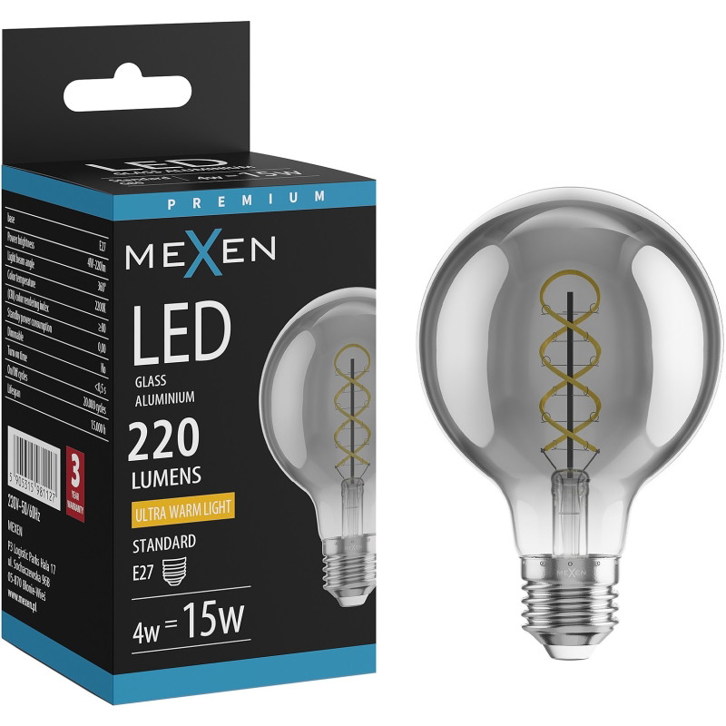 Mexen Vintis Bombilla de filamento en espiral LED E27, G80, 4W, Cálida - 2200K, 220 lm, humo - L165-E27-0422-70