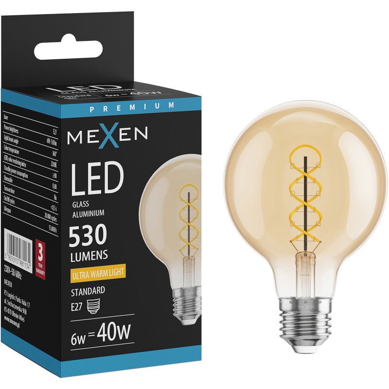 Mexen Vintis LED žarnica s filamentno spiralo E27, G80, 6W, Topla - 2200K, 530 lm, jantar - L165-E27-0622-50