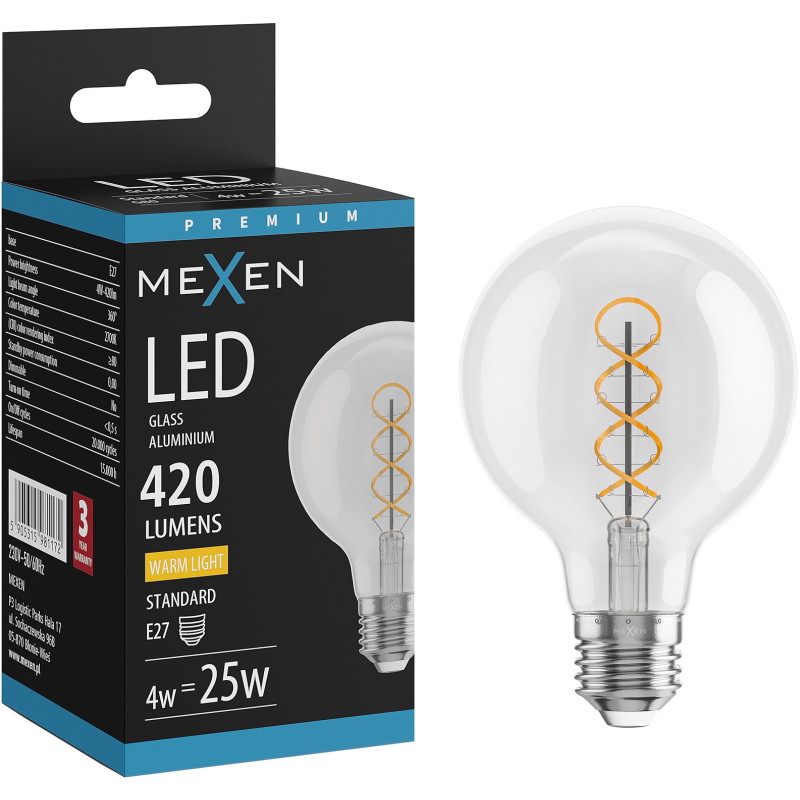 Mexen Vintis Bombilla de filamento espiral LED E27, G80, 4W, Cálida - 2700K, 420 lm, transparente - L165-E27-0427-00