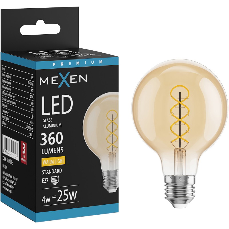 Mexen Vintis Filament spirallampa LED E27, G80, 4W, Varm - 2700K, 360 lm, bärnsten - L165-E27-0427-50