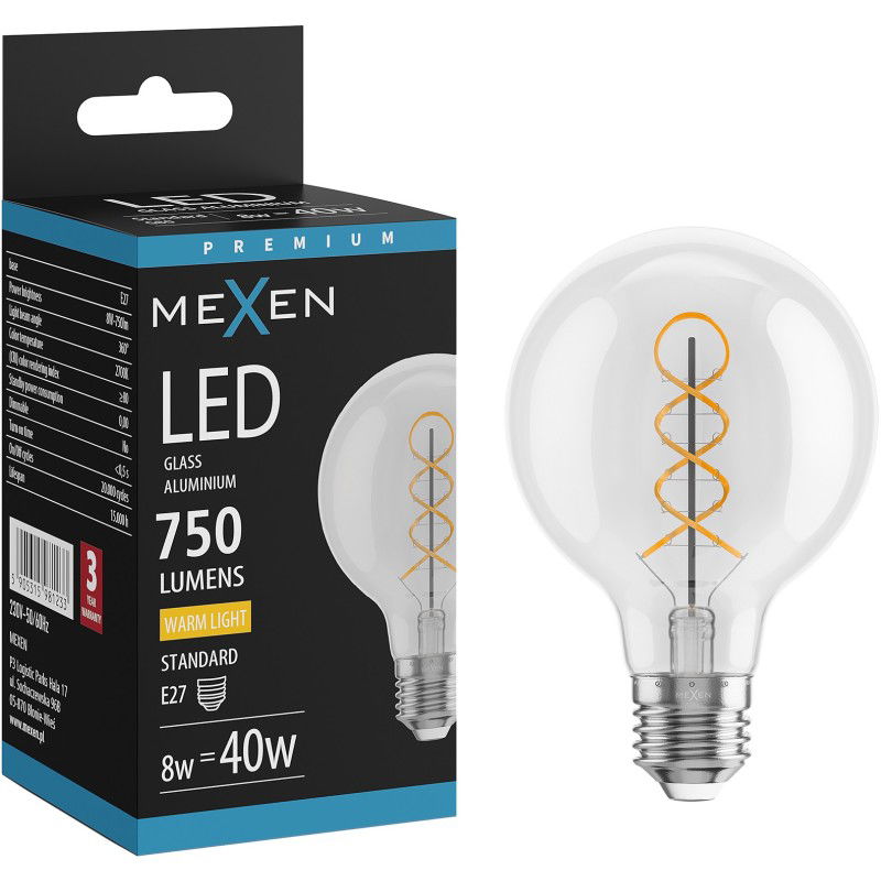 Mexen Vintis Filament Spiraal LED-lamp E27, G80, 8W, Warm - 2700K, 750 lm, helder - L165-E27-0827-00
