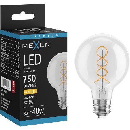 Mexen Vintis Bombilla LED filamento espiral E27, G80, 8W, Cálida - 2700K, 750 lm, transparente - L165-E27-0827-00