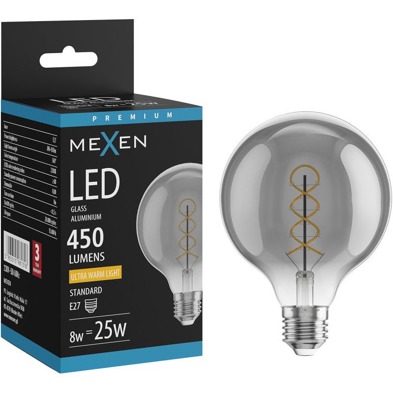 Mexen Vintis Filament Spirallampe LED E27, G95, 8W, Warm - 2200K, 450 lm, smoke - L167-E27-0822-70