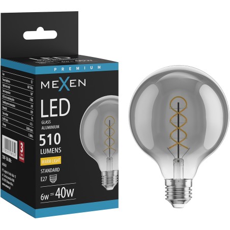 Mexen Vintis LED-filamentlampa spiral E27, G95, 6W, Varm - 2700K, 510 lm, rök - L167-E27-0627-70