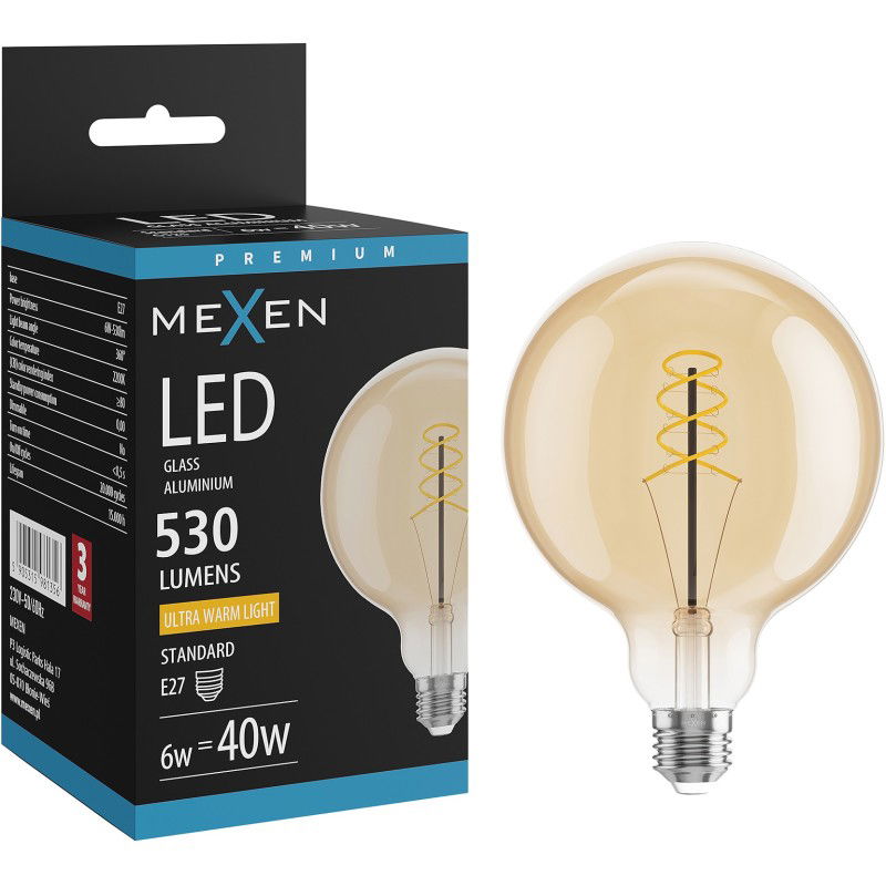Mexen Vintis LED žarnica spirala filament E27, G125, 6W, Topla - 2200K, 530 lm, jantar - L168-E27-0622-50
