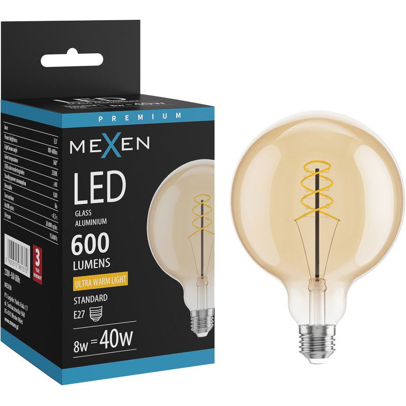 Mexen Vintis LED-filamenttikierukka E27, G125, 8W, Lämmin - 2200K, 600 lm, meripihka - L168-E27-0822-50