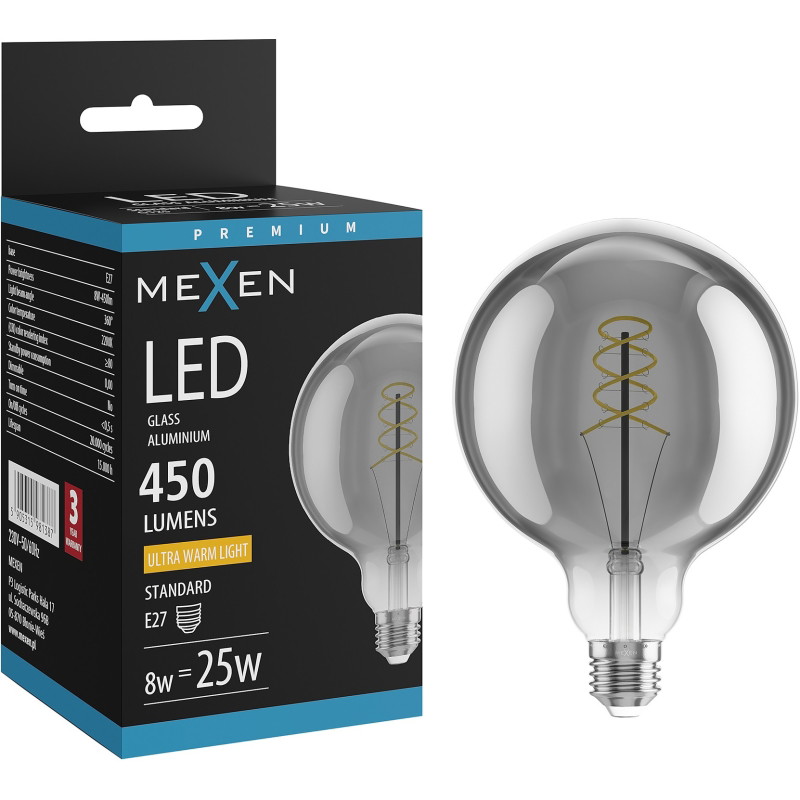 Mexen Vintis Bombilla filamento espiral LED E27, G125, 8W, Cálida - 2200K, 450 lm, ahumado - L168-E27-0822-70