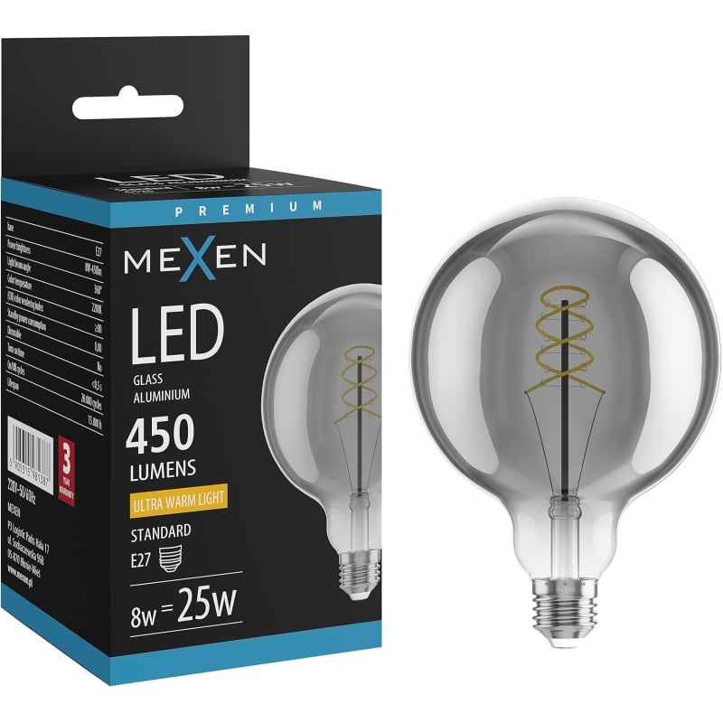 Mexen Vintis LED-filamentlampa med spiral E27, G125, 8W, Varm - 2200K, 450 lm, rökfärgad - L168-E27-0822-70