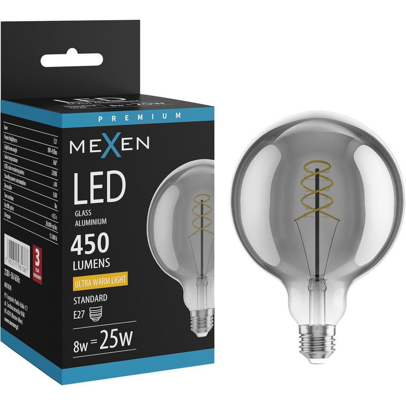 Mexen Vintis LED spuldze ar pavedienu spirāli E27, G125, 8W, Silta - 2200K, 450 lm, dūmakaina - L168-E27-0822-70