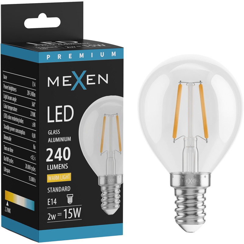 Mexen Vintis LED-glödlampa filament E14, G45, 2W, Varm - 2700K, 240 lm, klar - L156-E14-0227-00