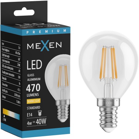 Mexen Vintis LED-filamentlampa E14, G45, 4W, Varm - 2700K, 470 lm, klar - L156-E14-0427-00