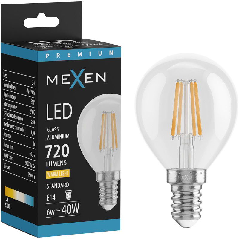 Mexen Vintis Lampadina a filamento LED E14, G45, 6W, Calda - 2700K, 720 lm, chiara - L156-E14-0627-00