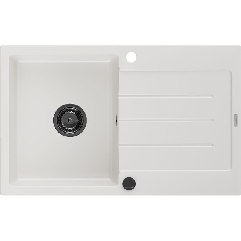 Mexen Bruno granitais izlietne ar vienu nodalījumu un pilienpaliktni 795 x 495 mm, balta, melns sifons - 6513791010-20-B