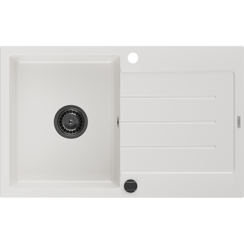 Mexen Bruno lavello in granito a 1 vasca con gocciolatoio 795 x 495 mm, bianco, sifone nero - 6513791010-20-B