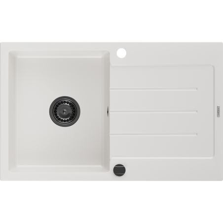 Mexen Bruno granitais izlietne ar vienu nodalījumu un pilienpaliktni 795 x 495 mm, balta, melns sifons - 6513791010-20-B