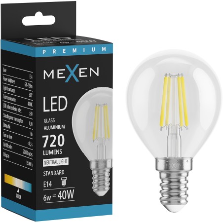 Mexen Vintis Bombilla LED de filamento E14, G45, 6W, Neutra - 4000K, 720 lm, transparente - L156-E14-0640-00