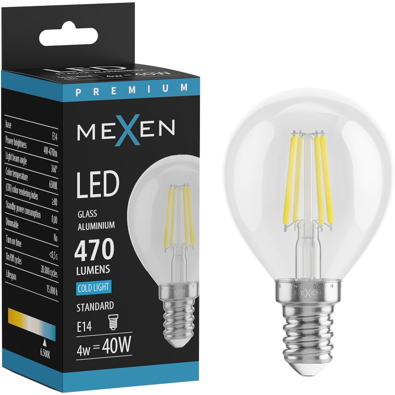 Mexen Vintis LED-filament glödlampa E14, G45, 4W, Kall - 6500K, 470 lm, klar - L156-E14-0465-00