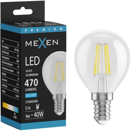 Mexen Vintis LED-filament glödlampa E14, G45, 4W, Kall - 6500K, 470 lm, klar - L156-E14-0465-00