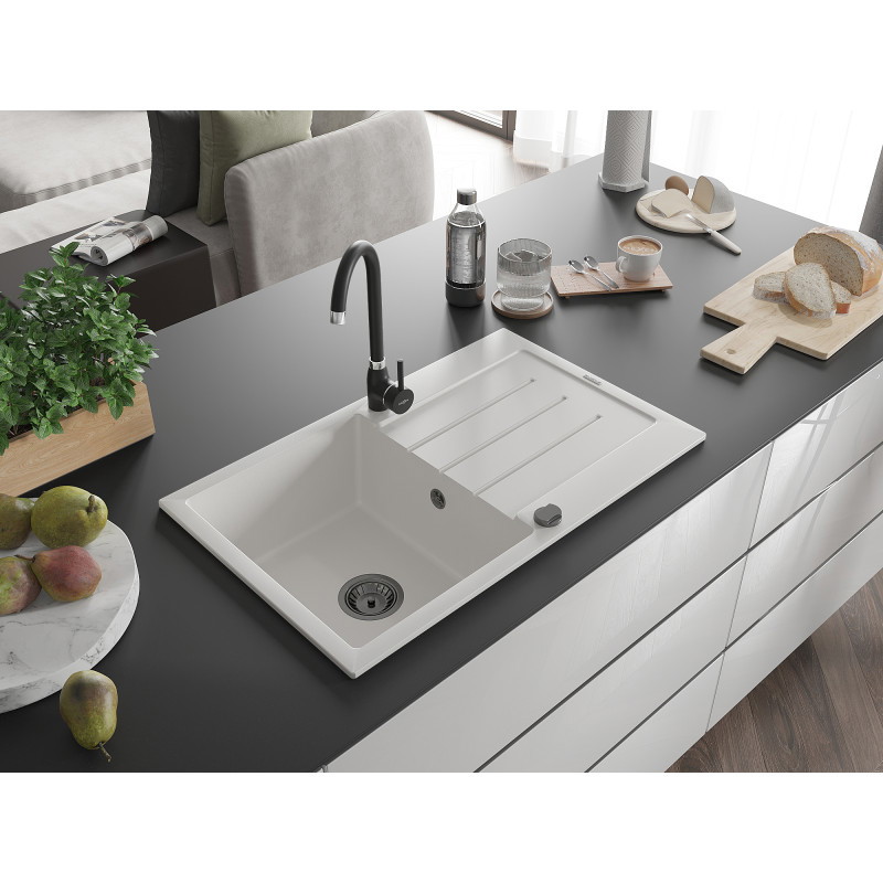 Mexen Bruno Granitspüle 1-Becken mit Abtropffläche 795 x 495 mm, weiß, schwarzer Siphon - 6513791010-20-B