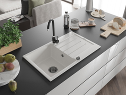 Mexen Bruno lavello in granito a 1 vasca con gocciolatoio 795 x 495 mm, bianco, sifone nero - 6513791010-20-B